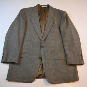 Vtg USA Made 46R Brown Glenn Check 100% Wool Mens Blazer Suit Jacket Sport Coat